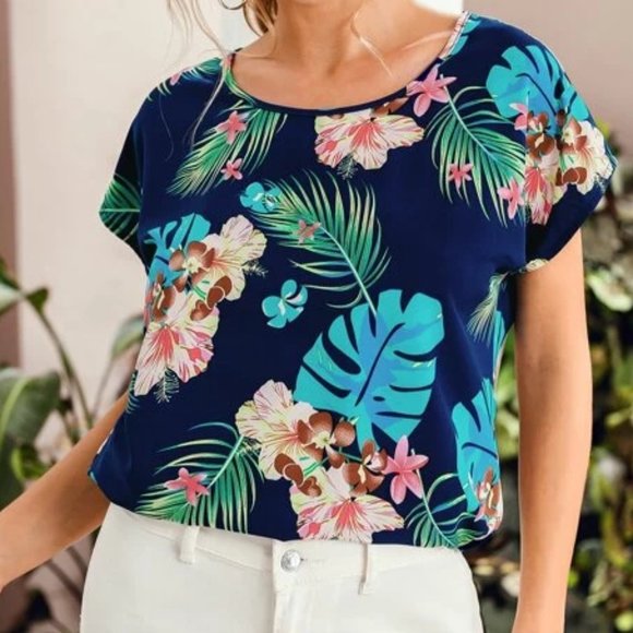 Blue Tropical Batwing Sleeve Blouse in S, L, XL - Picture 4 of 4